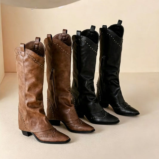 Retro Pointed-Toe Rivet Plus-Size Western Boots