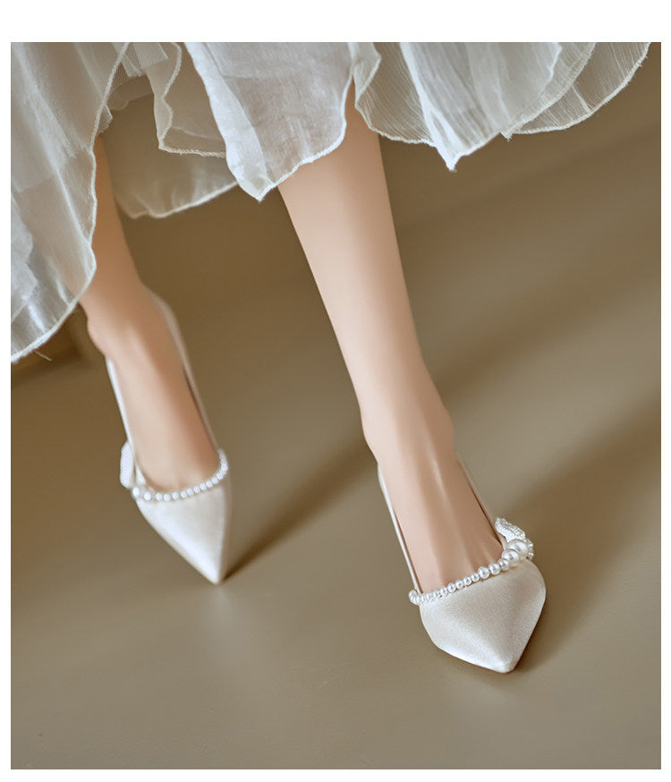 Women Soft Leather French Pointed Toe Pearl Thin Heel Pumps, 2026 New Comfortable High Heels, Shallow Mouth Party Dress Shoes