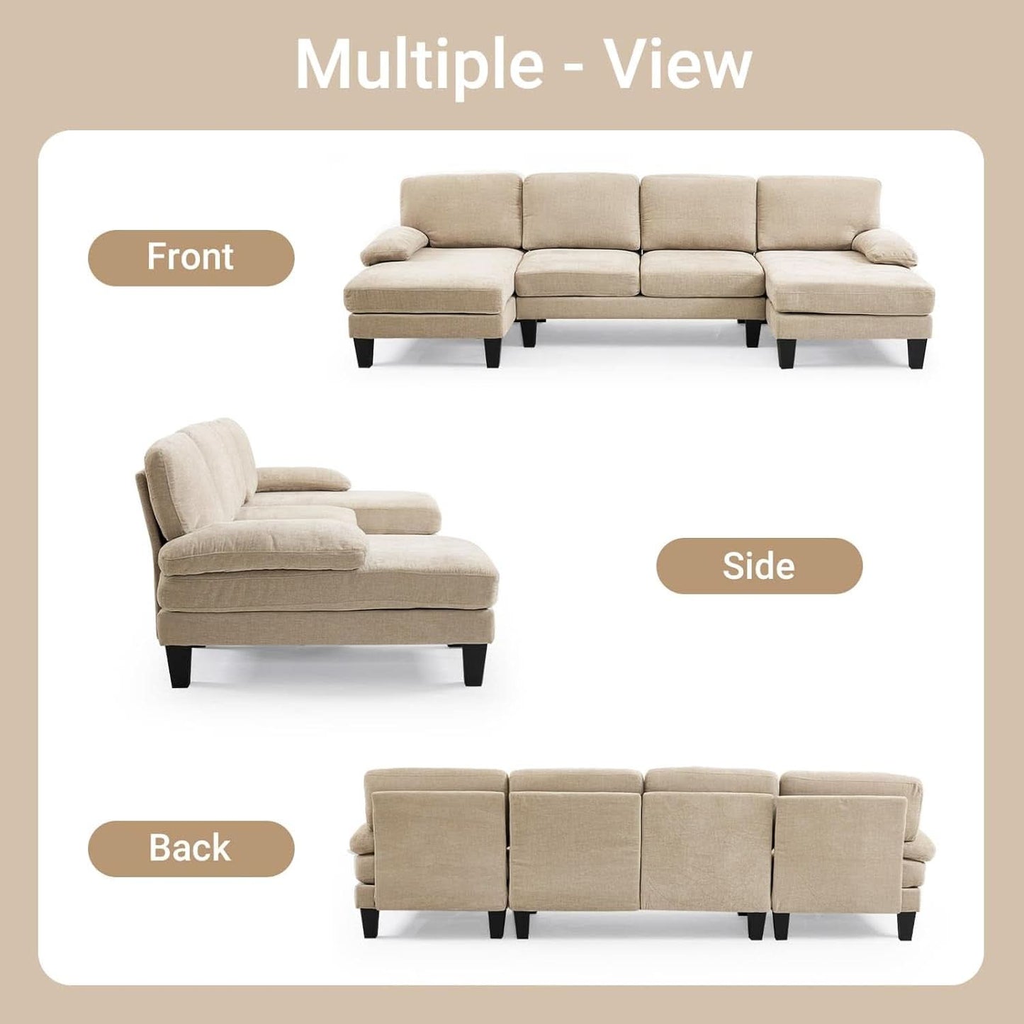 Light Khaki 110 Inch U Shape Sectional Sofa Double Chaise