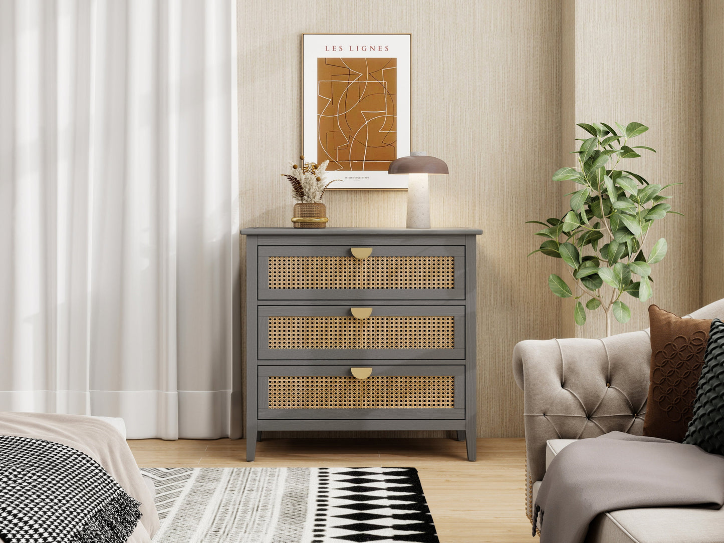 3-Drawer Cabinet - Natural Rattan - Suitable for Bedroom, Living Room, or Study
