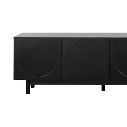 TV Stand Minimalist Black Particle Board Arch Doors Wood Legs Fits 78 In TV