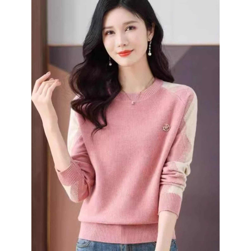 Womens Casual Outfit Round-neck Color-block Sweater Loose-fitting Cropped Knit Top