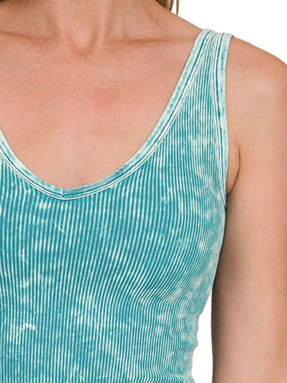 Zenana 2 Way Neckline Washed Ribbed Seamless Tank Top