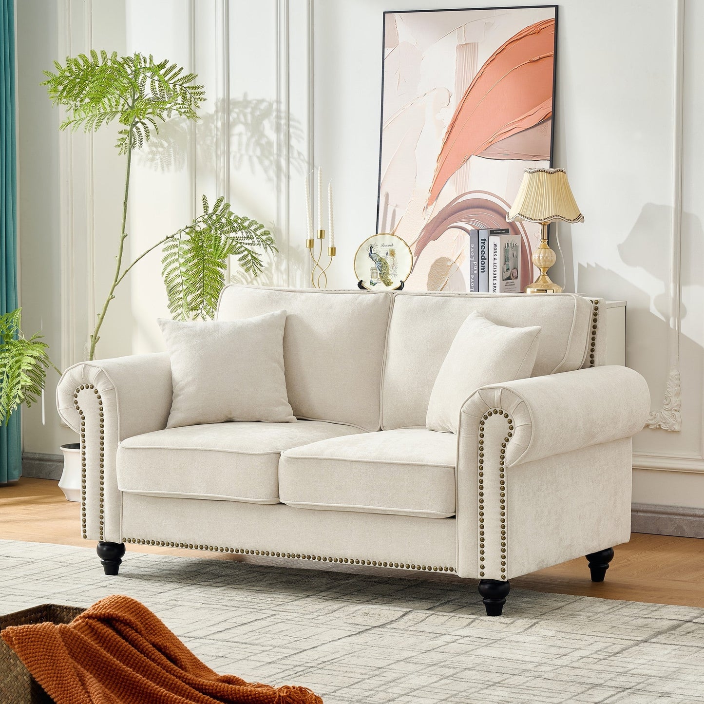 Loveseat Chenille Beige Rolled Arms Nailhead Trim 63 In 700 LB