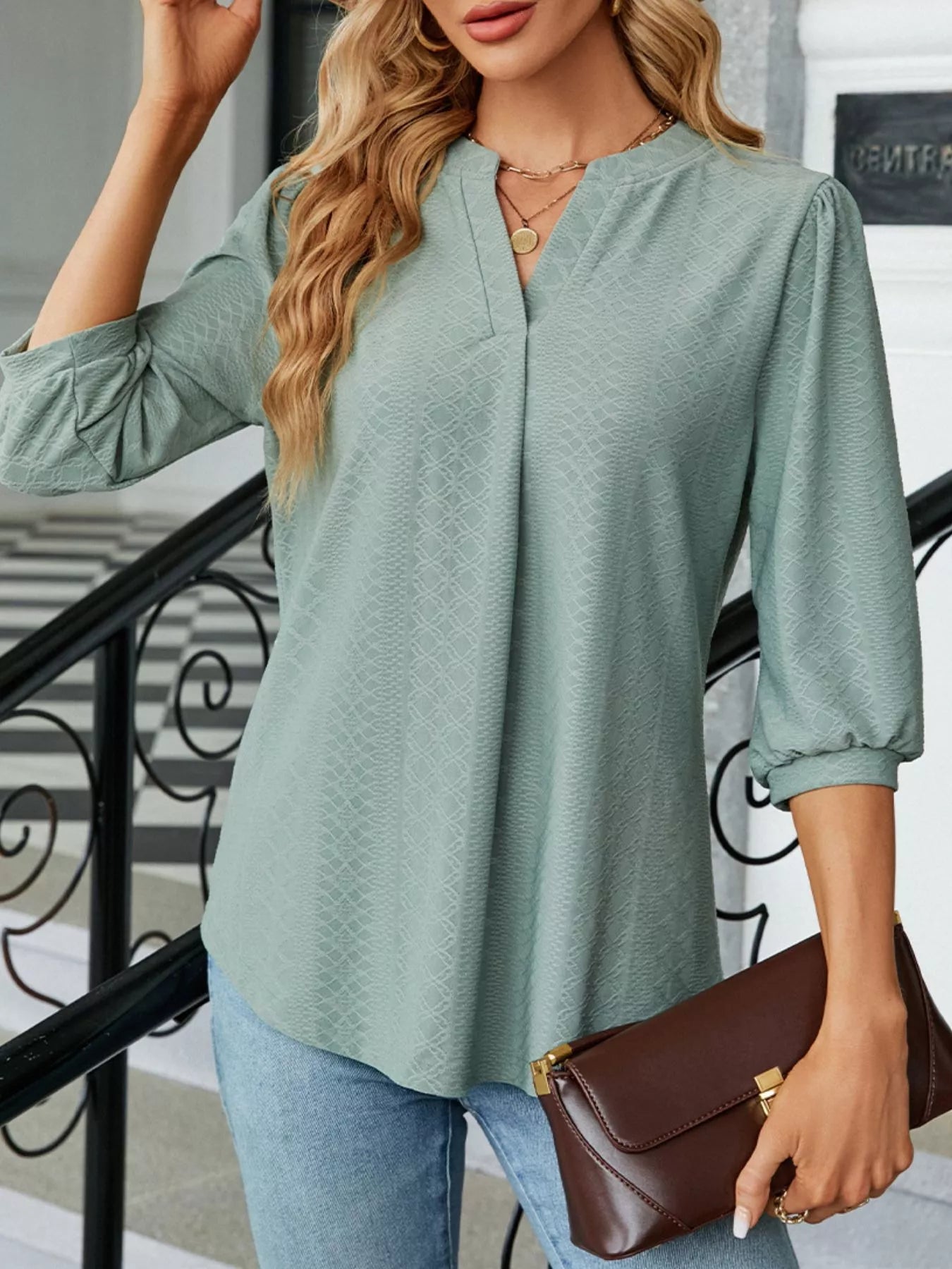 Notched 3/4 Sleeve Casual Top