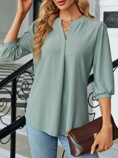 Notched 3/4 Sleeve Casual Top