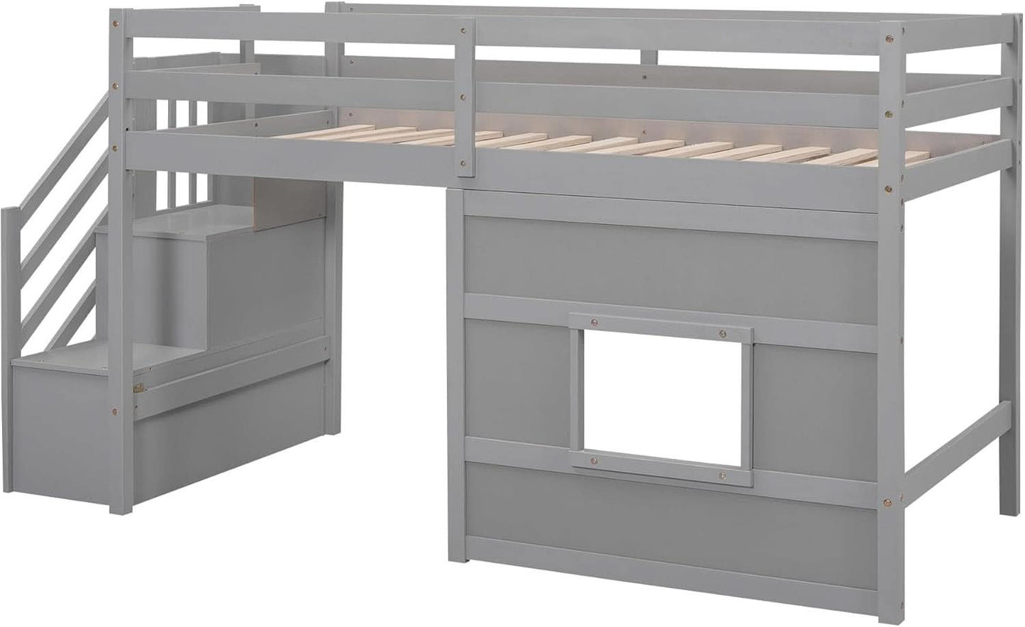 Twin Size Low Loft Bed In Gray With Stairs Storage