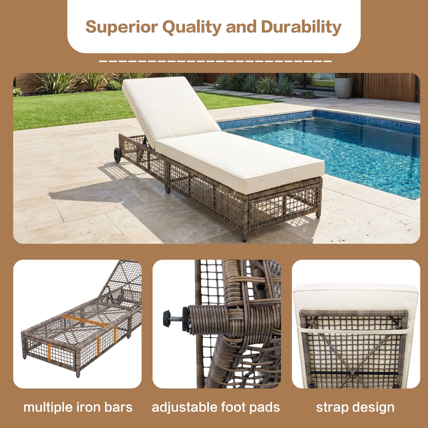 Outdoor Lounge Chair with 5-Position Backrest, Rattan Chaise Lounge in Beige