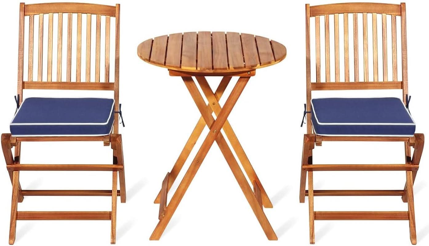 Patio Bistro Set With Wood Table And Navy Cushioned Chairs