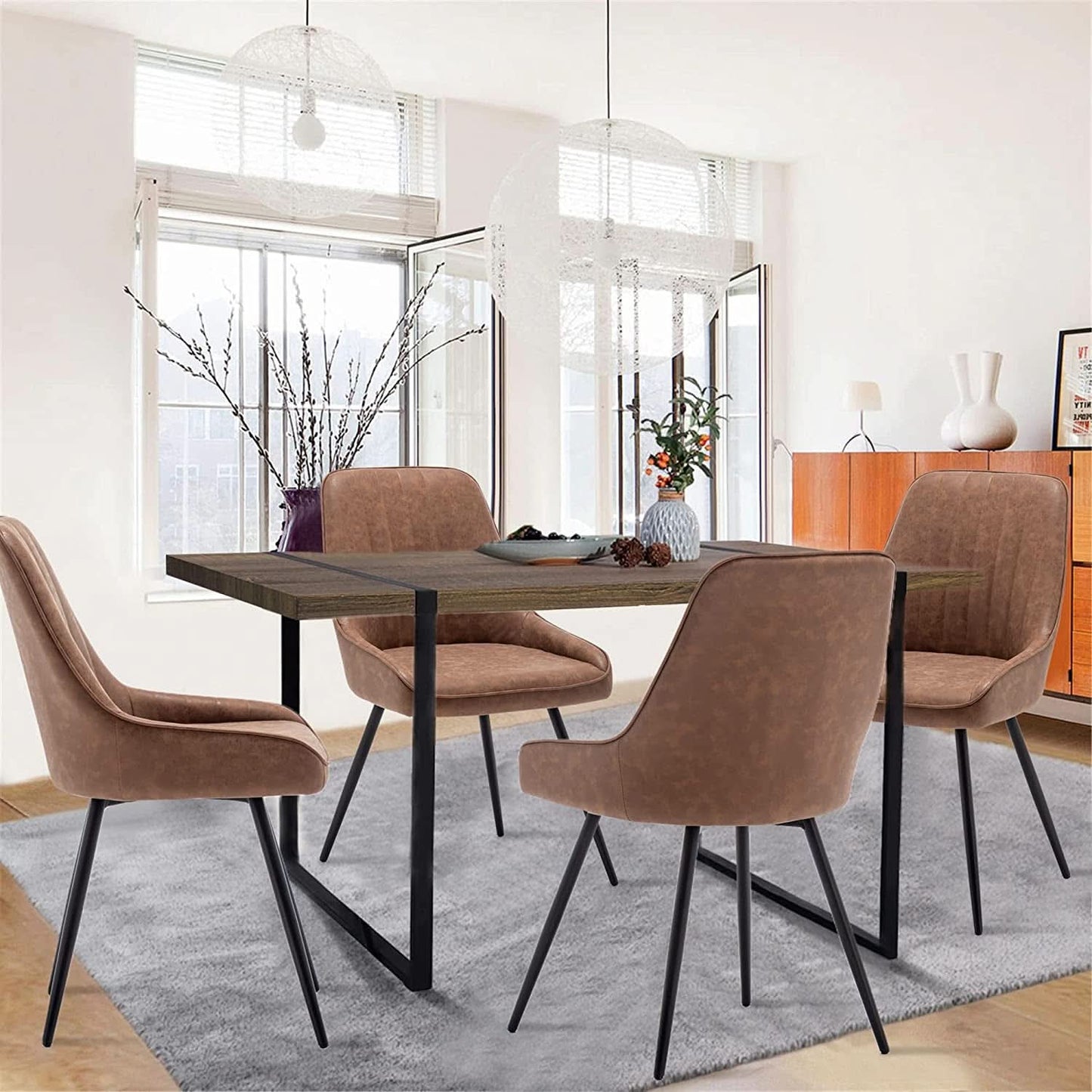Two Brown Faux Leather Mid Century Modern Dining Chairs