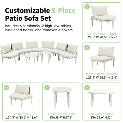 Outdoor Sectional Set PE Wicker Aluminum Beige Half Moon 8 Piece