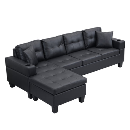 Sectional Sofa L-Shape Chaise PU Leather Black 4-Seat Cup Holders 96x57 In