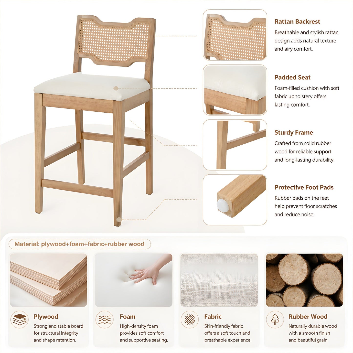 28 in Farmhouse Barstools Set of 2, Upholstered Iron Counter Stools with Rattan Backrest