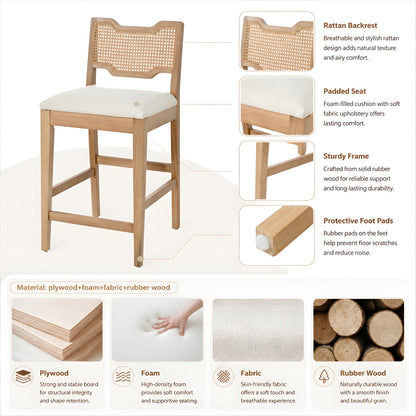 28 in Farmhouse Barstools Set of 2, Upholstered Iron Counter Stools with Rattan Backrest