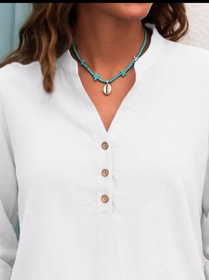 Full Size Button Detail Notched Long Sleeve Blouse Plus Size