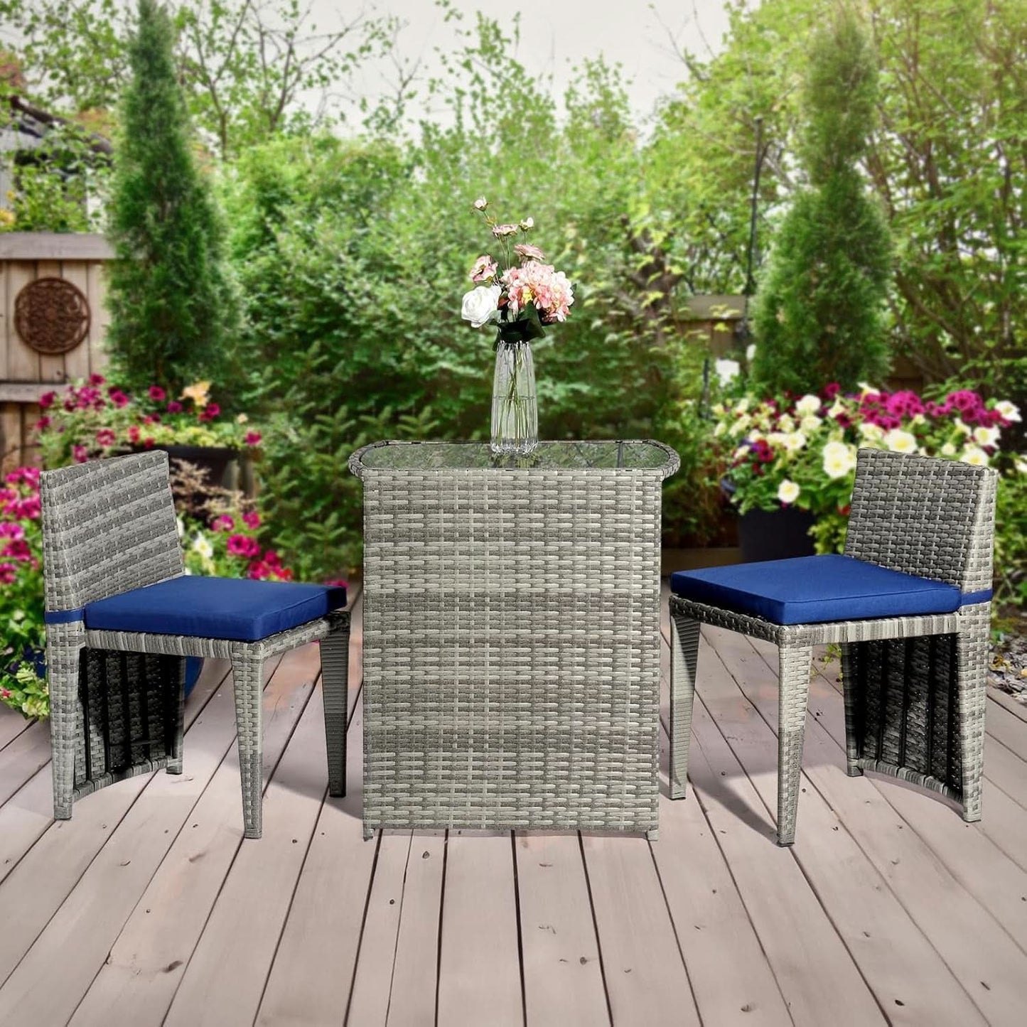 Grey Wicker Outdoor Patio Bistro Set With Glass Table