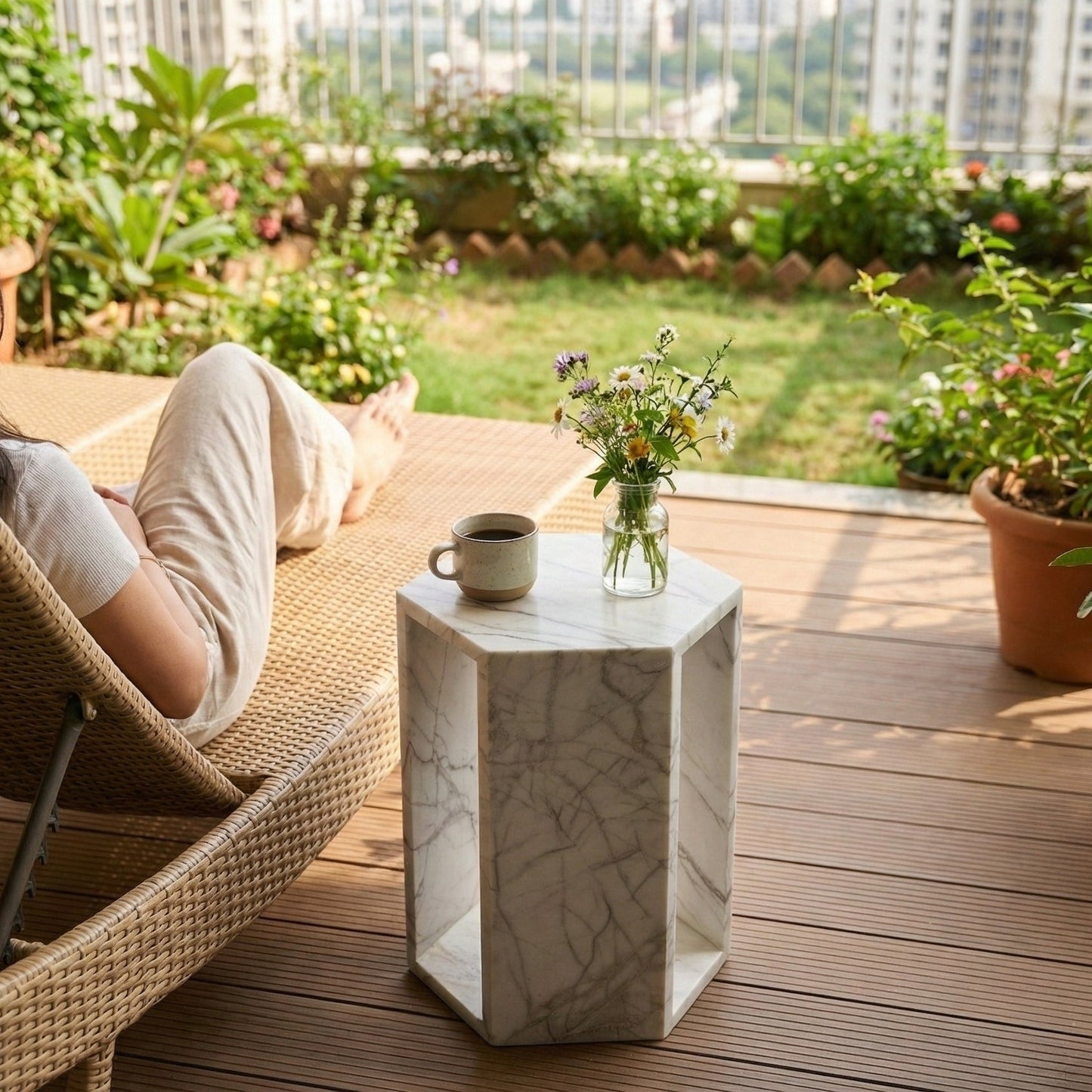 White Marble Hexagon Side Table, 15.7 in, Geometric Stone, Polished Pedestal