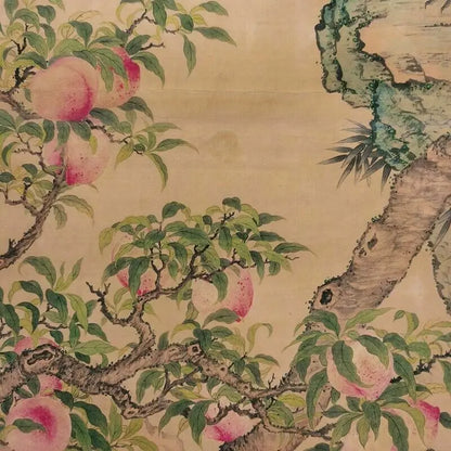 Vintage Chinese Scroll – Peach and Crane Rice Paper Painting