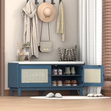 Boho Rattan Entryway Bench with Storage, Cushioned Shoe Bench with Double