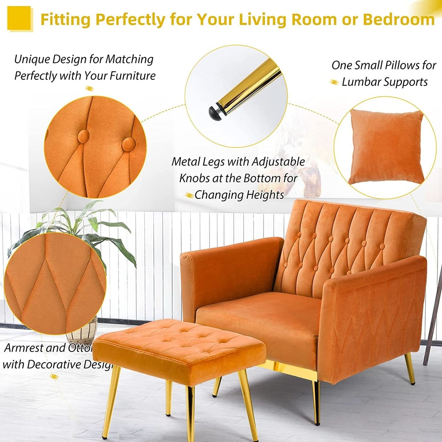 Orange Velvet Accent Chair With Adjustable Armrests And Backrest