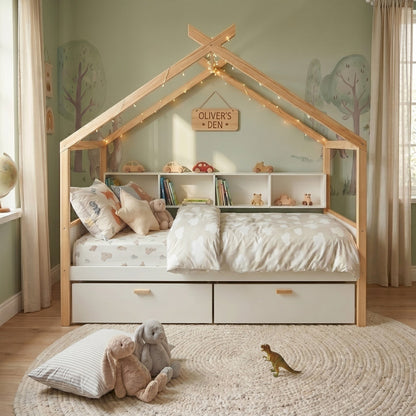 White Full Size Wooden House Bed with Two Drawers and Bookshelf Storage
