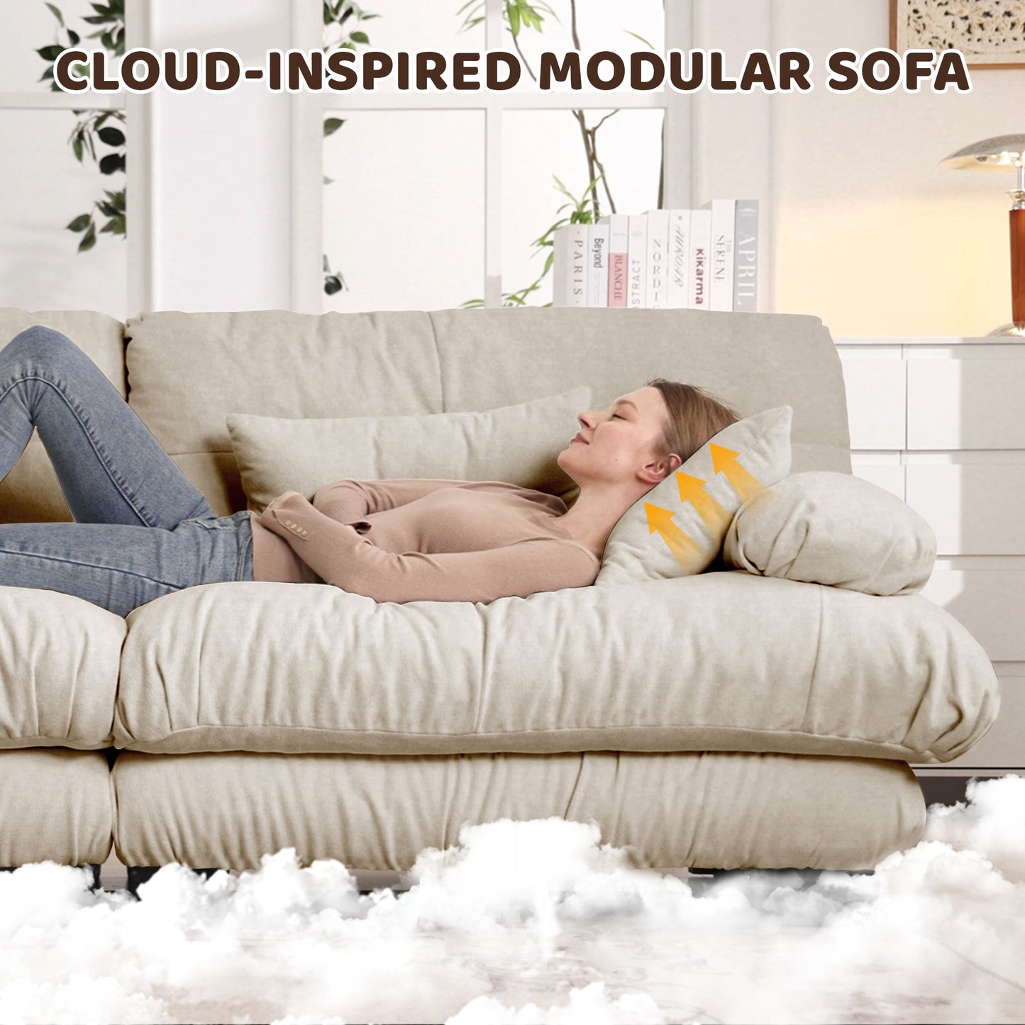Sectional Sofa U-Shape Chenille Light Coffee 3 Seat 2 Ottomans