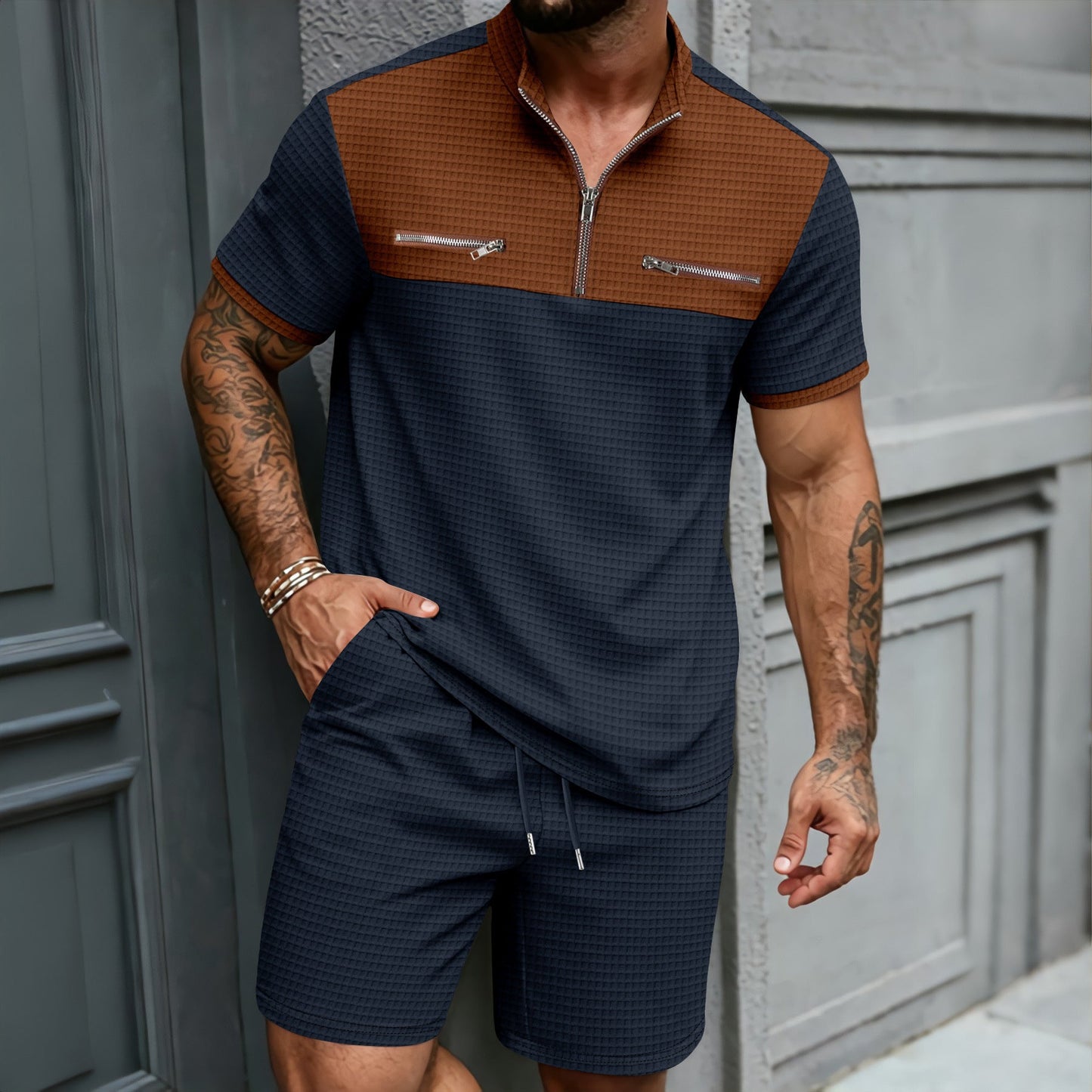 Mens Half-Zip Stand-Neck Short-Sleeve T-Shirt And Shorts Set