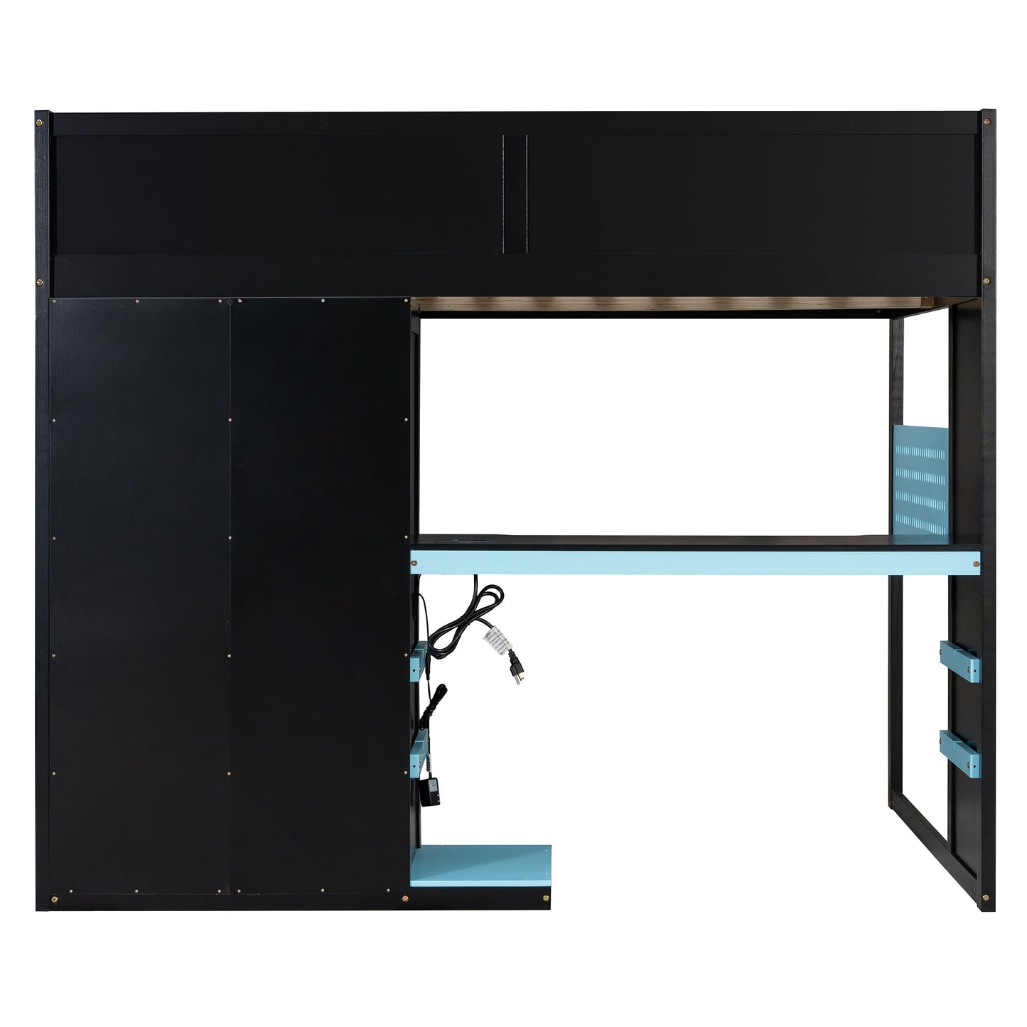 Full Size Wood Loft Bed with Desk, Multi-storage Shelves, USB and RGB Light