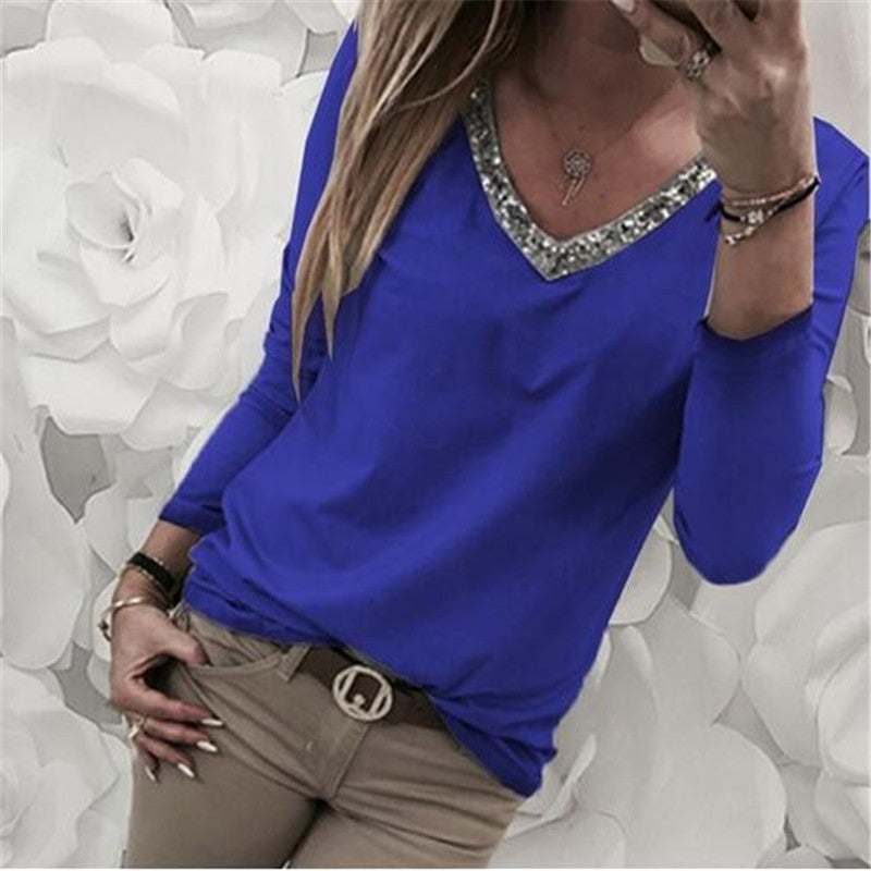 Women's Stitching V Neck Sequin Long Sleeve T-shirt Plus Size Top