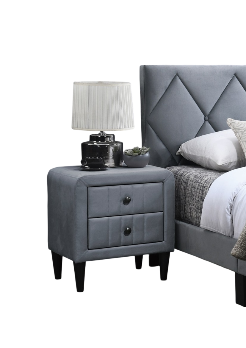 Grey Velvet Nightstand with 2 Drawers, Sleek Design, Tempered Legs, Bedroom