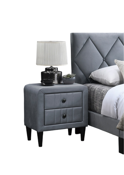 Grey Velvet Nightstand with 2 Drawers, Sleek Design, Tempered Legs, Bedroom