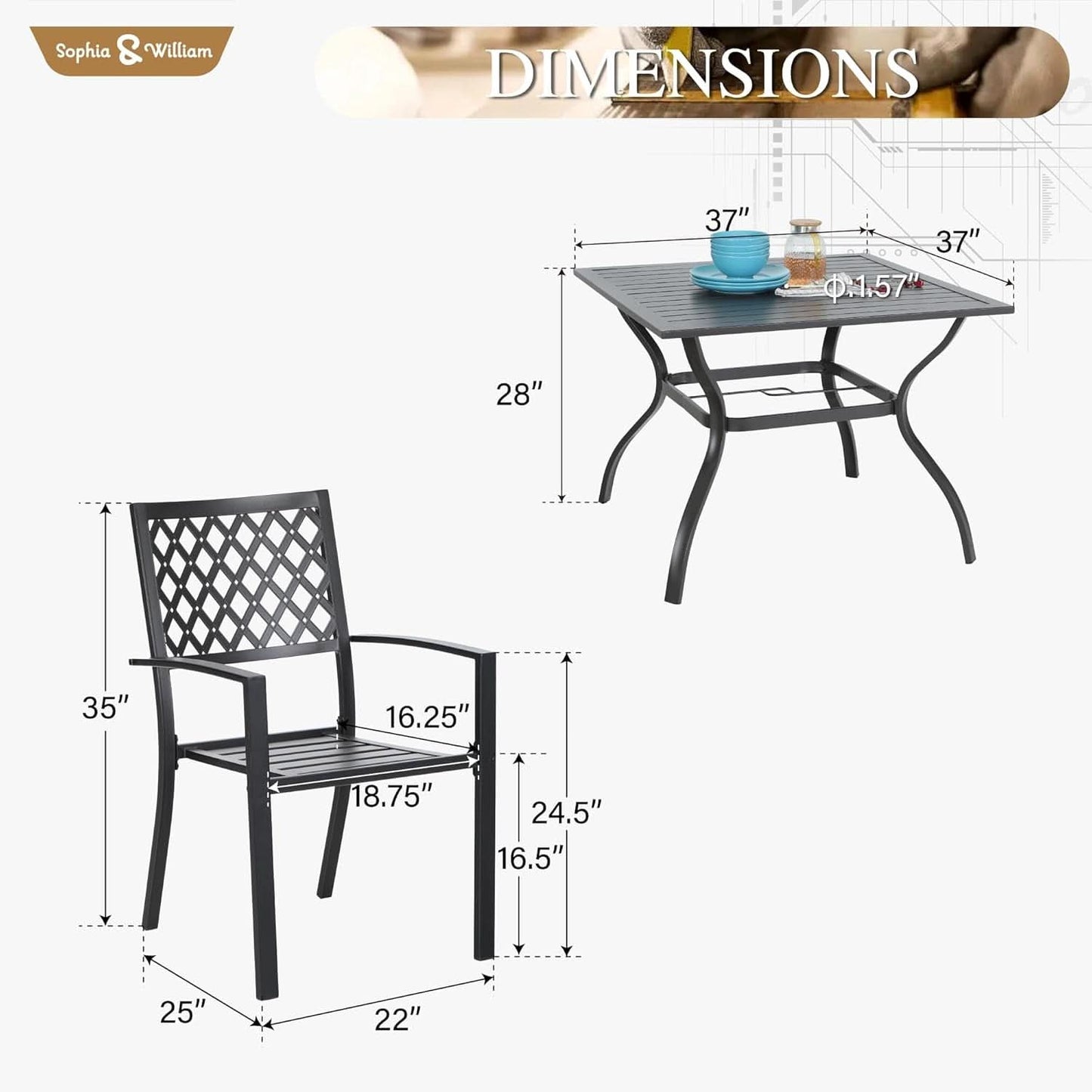 Patio Table And Chairs Set Black 37 Inch Square Table For 4