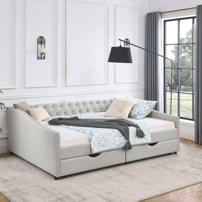 Upholstered Tufted Daybed With Drawers, Waved Arms