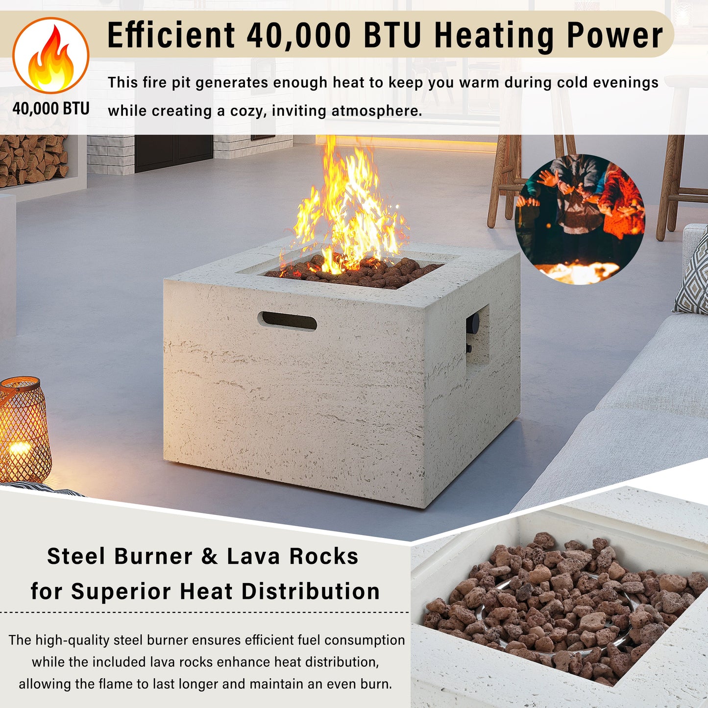 Propane Fire Pit Square MGO 40000 BTU 24" with Side Table Cover