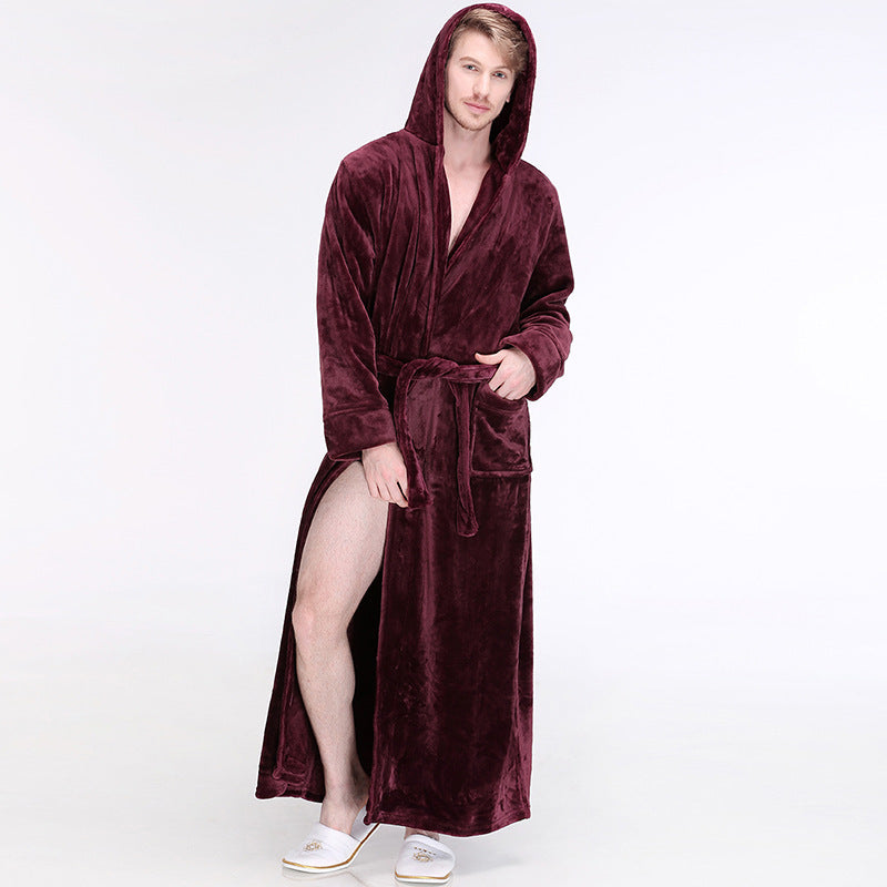 Mens Winter Hooded Thickened Long-Style Nightgown