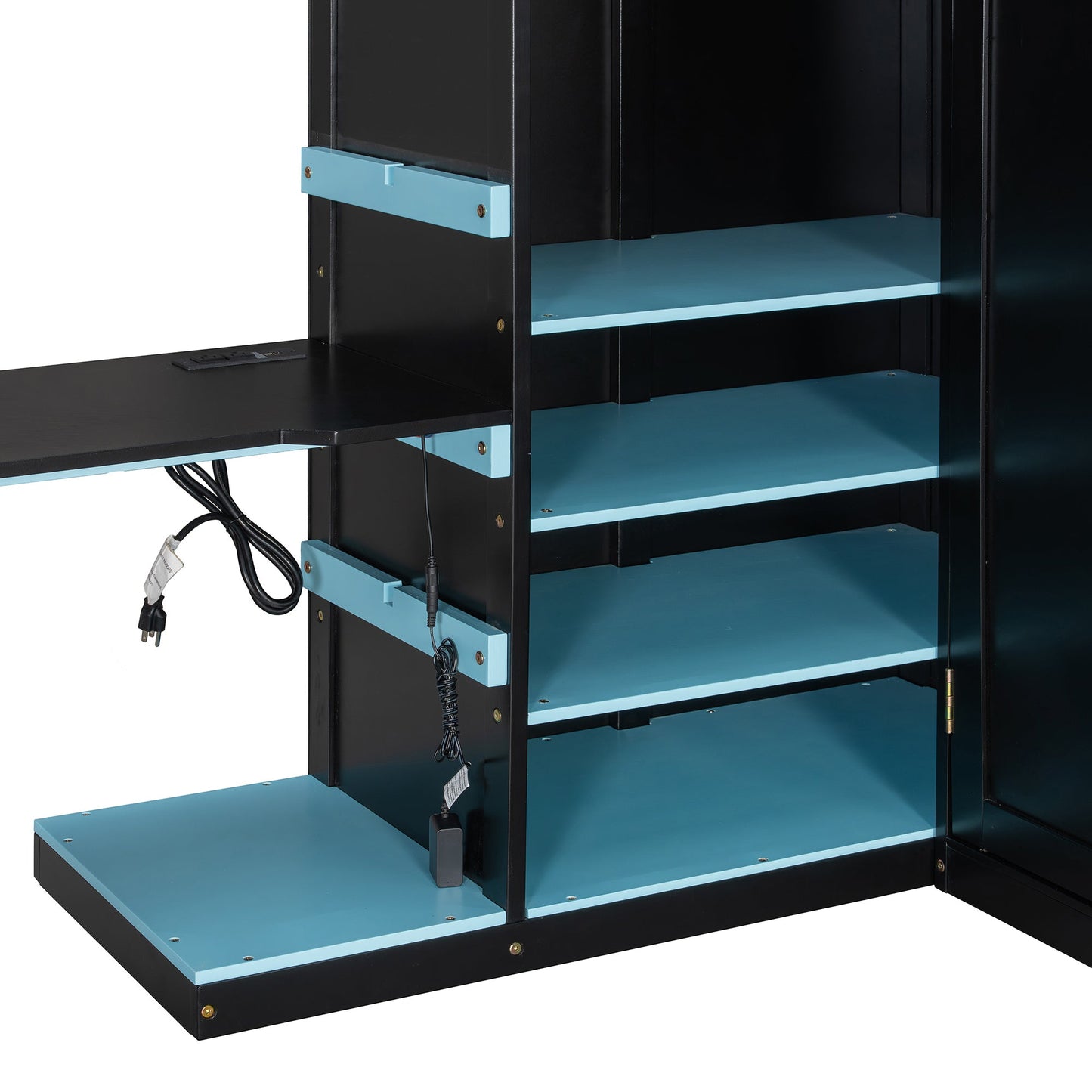 Full Size Wood Loft Bed with Desk, Multi-storage Shelves, USB and RGB Light