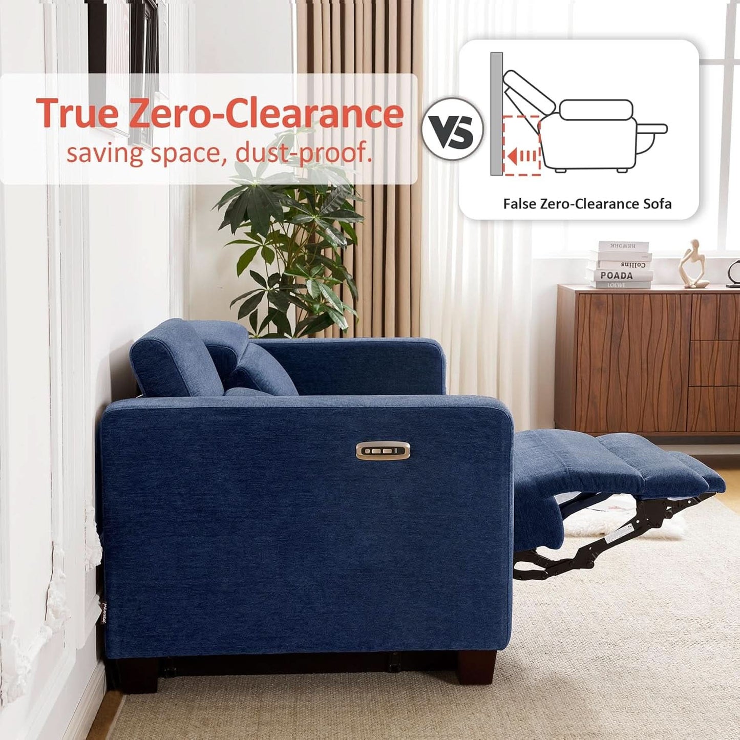 Navy Blue Zero Wall Hugger Power Reclining Sofa USB Ports
