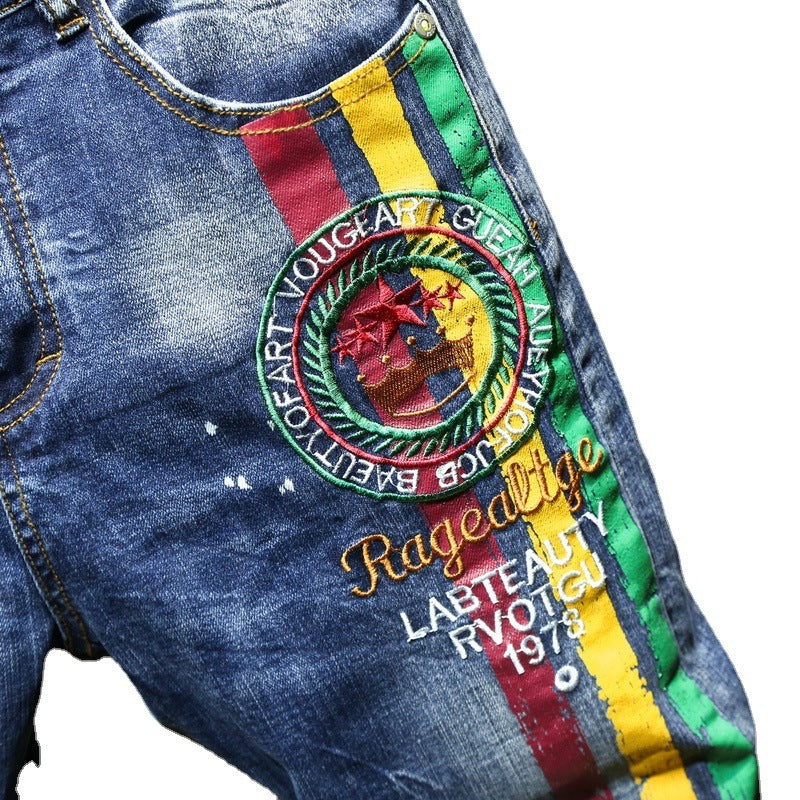 Men's Embroidered Printed Jeans Ripped Pants Slim-fit Straight Stretch Men's Pants