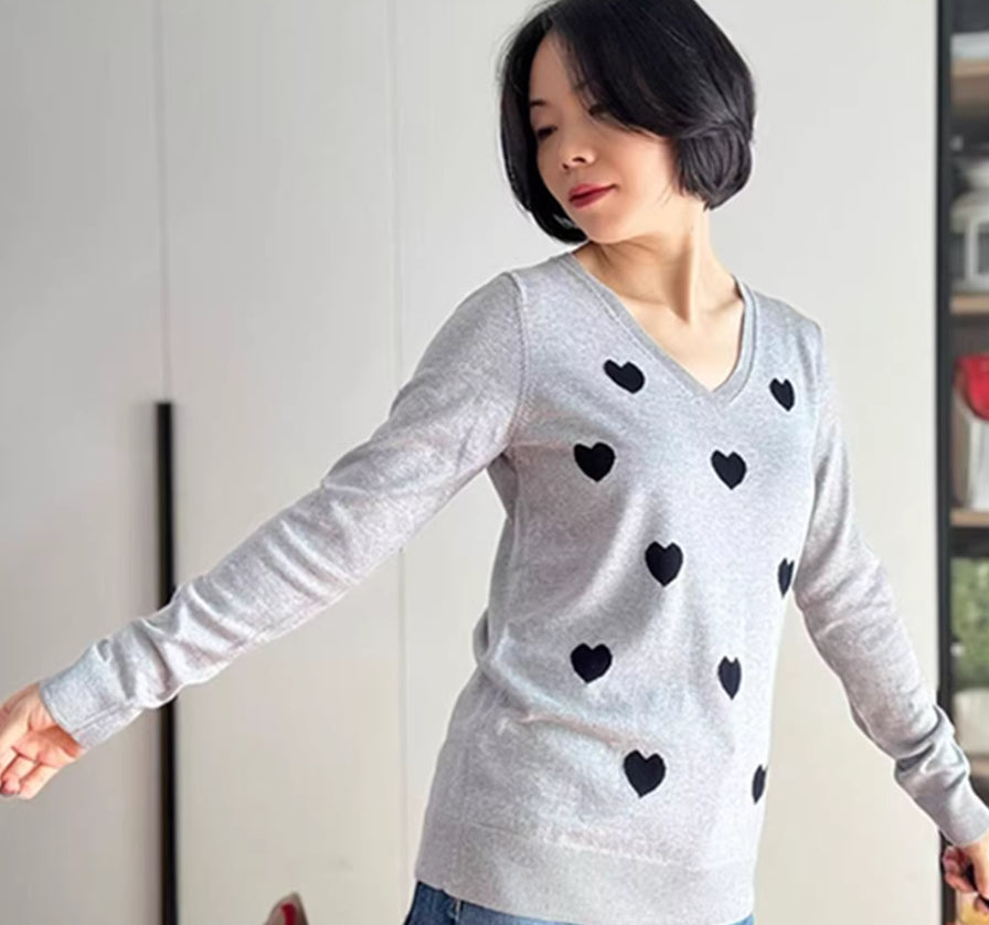 Womens Modal V-Neck Long-Sleeve Heart-Shape Jacquard Pullover Knit Top