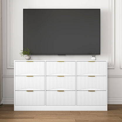 Dresser Classic 9-Drawer White Particle Board Gold Handles 63x15.74 In