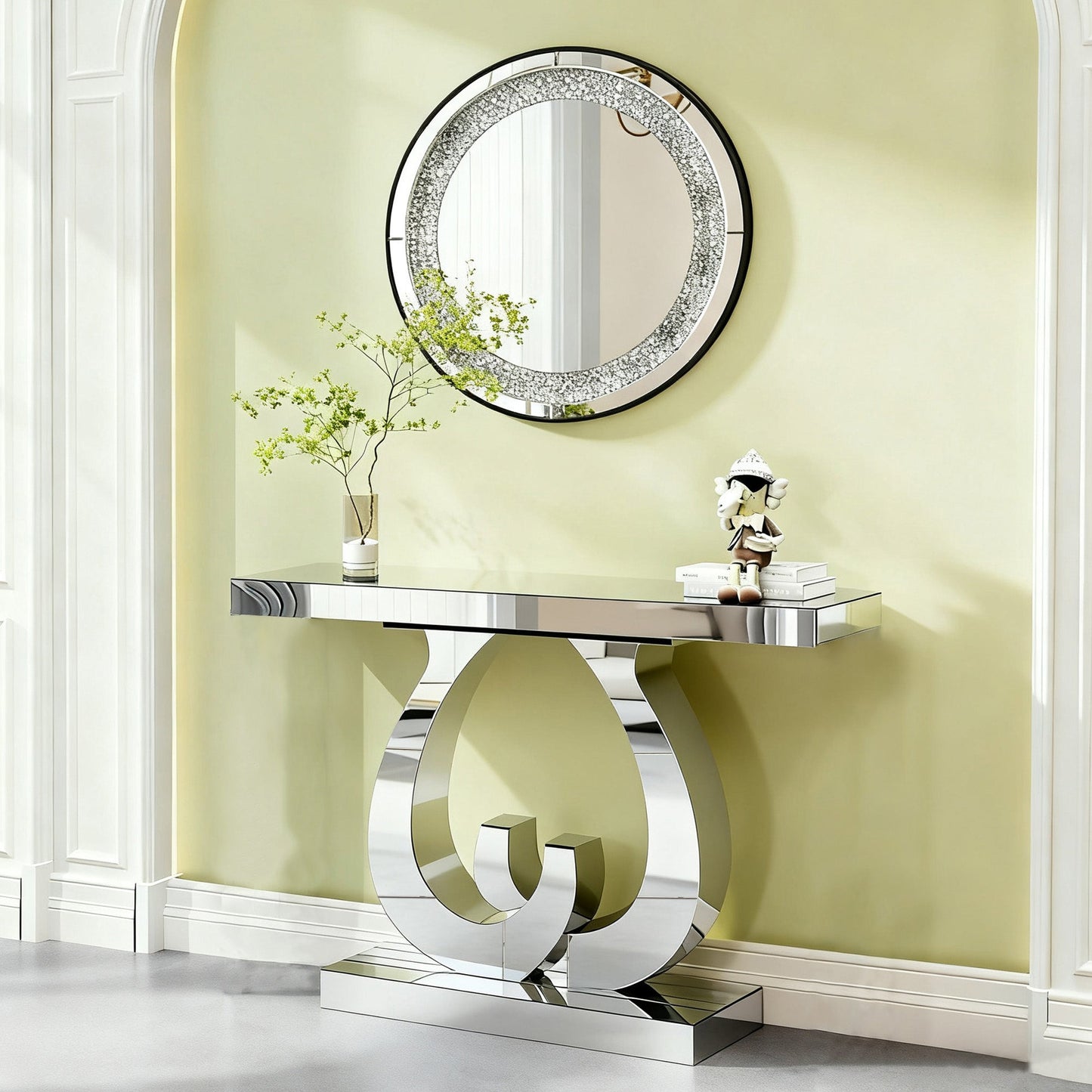 Modern Mirror Side Table, Glass, Double C-Shaped Base, Hall Table, Silver