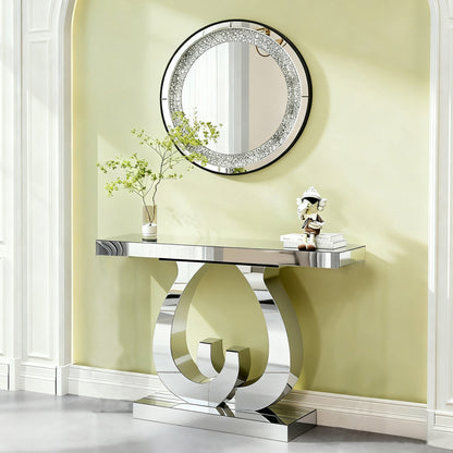 Modern Mirror Side Table, Glass, Double C-Shaped Base, Hall Table, Silver