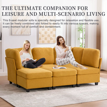 Sectional Sofa U-Shape 6 Seat Mustard Yellow Storage Ottoman