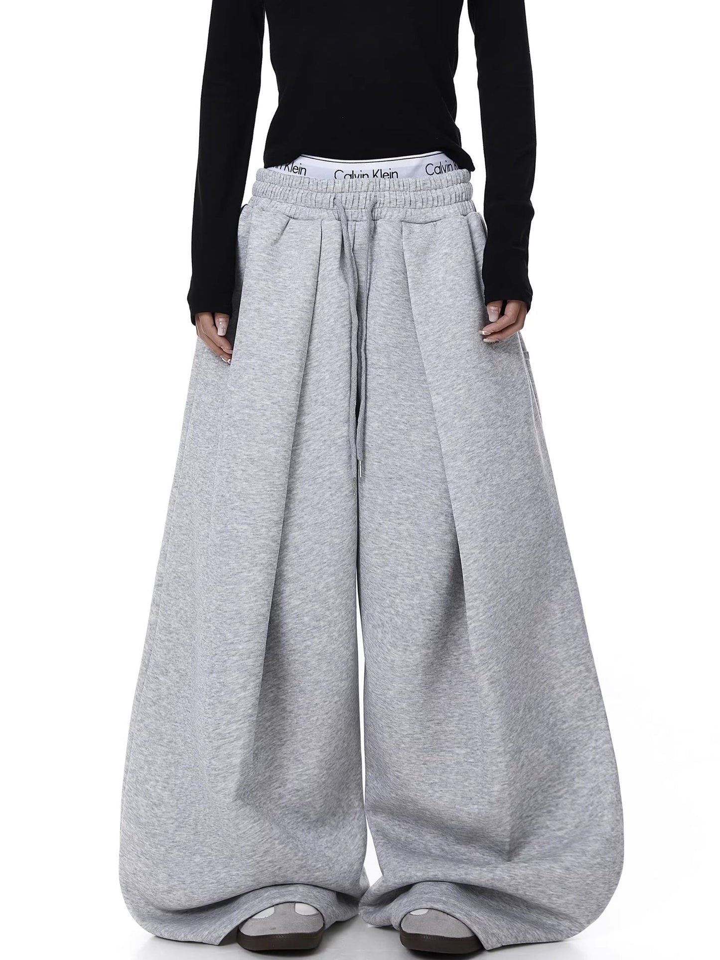 Embroidered Pleated Drawstring Sweatpants For Women Loose Straight Fit