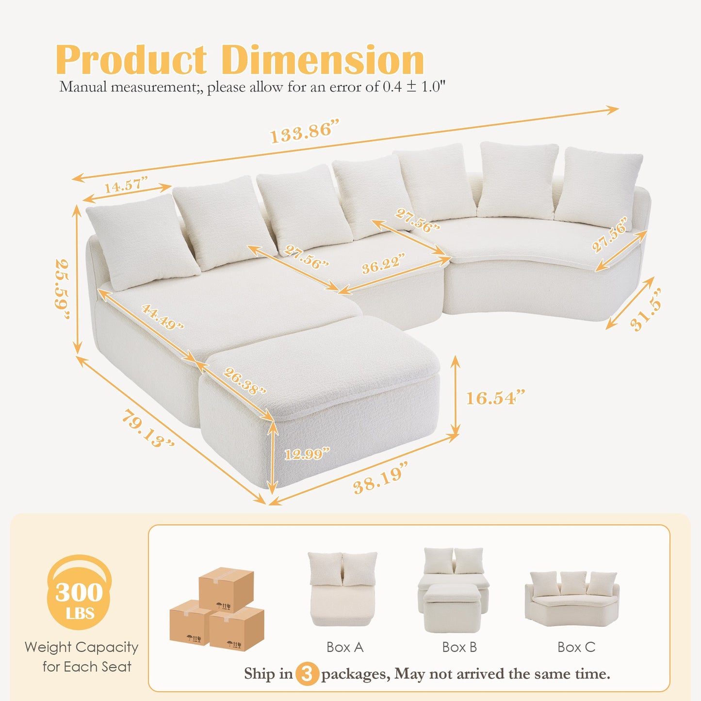 Sectional Sofa U-Shape Chenille Milk White 10 Seat Modular 128 In