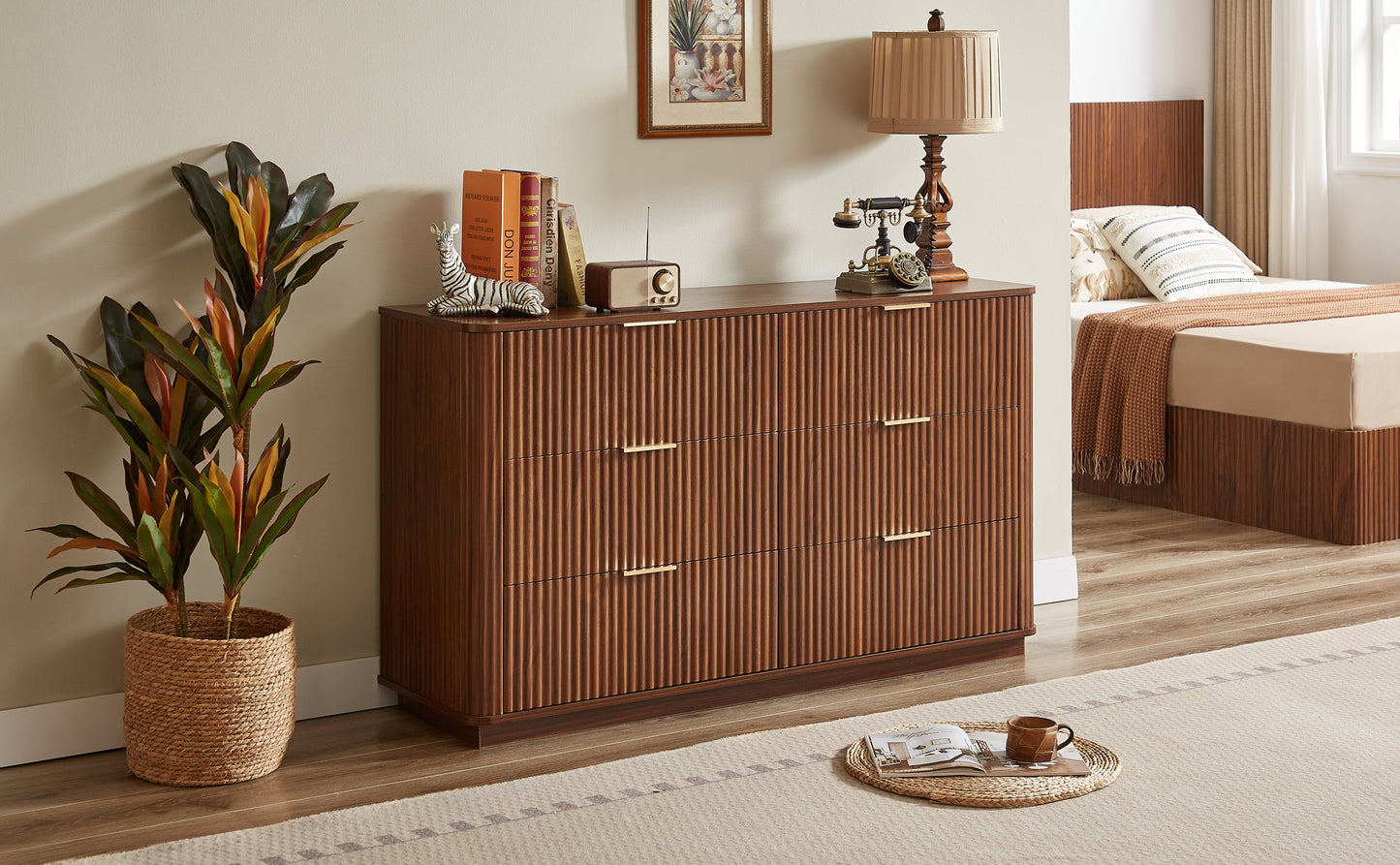 Dresser Modern 6-Drawer Walnut MDF Wave Texture 55.1x15.75x31.5 In 150 LB