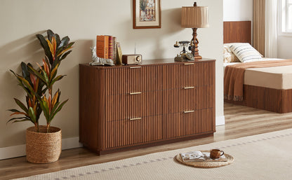Dresser Modern 6-Drawer Walnut MDF Wave Texture 55.1x15.75x31.5 In 150 LB