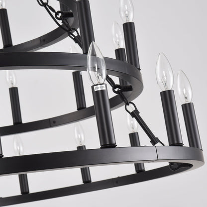 Chandelier Wagon Wheel 3-Tier 36-Light Black Metal 39.37 In Industrial