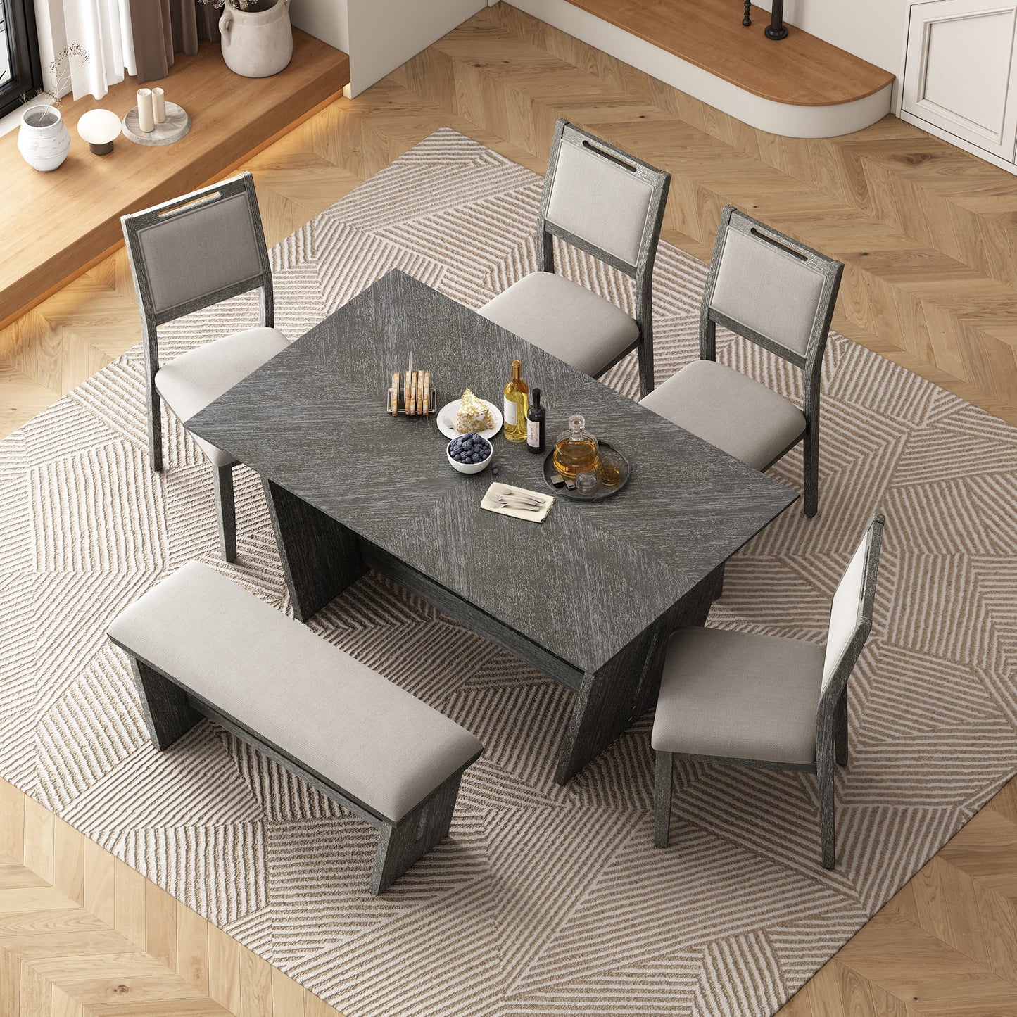 6-Piece Retro Dining Table Set for 6, 60' Wood Kitchen Table and Chairs Set of