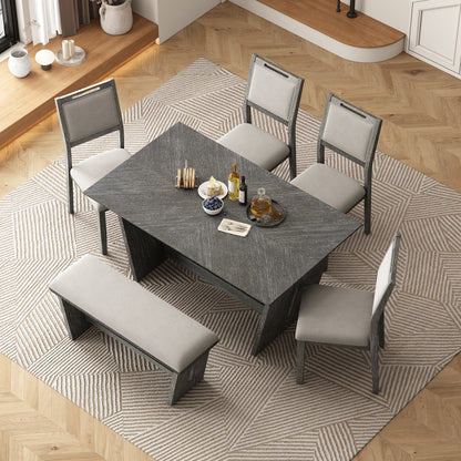 6-Piece Retro Dining Table Set for 6, 60' Wood Kitchen Table and Chairs Set of